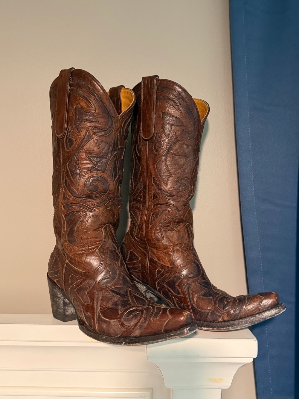 Old Gringo Brown Tooled Leather Cowboy Boots with Carved Stitching